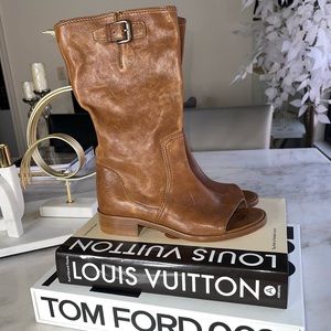 Miu Miu Distressed Brown Leather Open Toe Mid-Calf Boot with Buckles